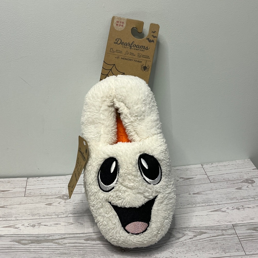 Dearfoams Ghost Slippers White Plush Memory Foam Halloween Mens 5-6 Womens 7-8